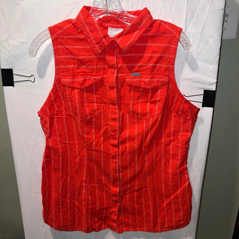 Columbia Womens Red Striped Sleeveless Button Down Shirt Cotton Size L XL9803